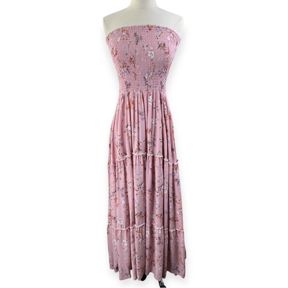 Sunday Mi Amor Women's strapless Pink floral midi dress size Large